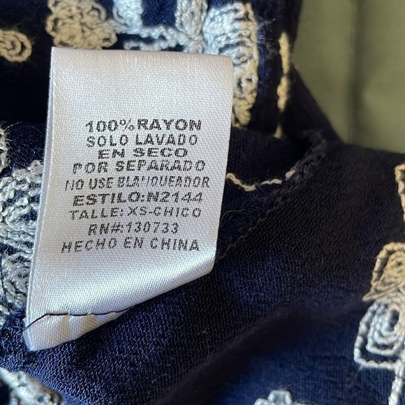 Boho Embroidered Mini Dress XS Bell Navy Swing Loose Classy Altar’d State Hippie - Picture 16 of 16